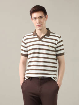 U.S. POLO ASSN. - White Cotton Collar Neck Slim Fit Stripes Half Sleeves Polo T-Shirt