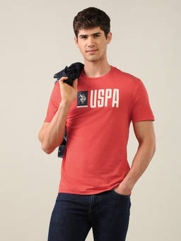 U.S. Polo Assn. Denim Co. - Coral Cotton Crew Neck Regular Fit Typography Half Sleeves T-Shirt