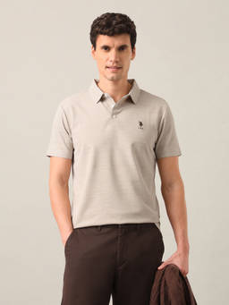 U.S. POLO ASSN. - Beige Polyester Collar Neck Slim Fit Solid/Plain Half Sleeves Polo T-Shirt