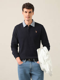U.S. Polo Assn. Denim Co. - Navy Blue Cotton Collar Neck Slim Fit Solid/Plain Polo T-Shirt
