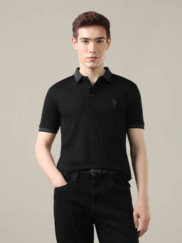 U.S. Polo Assn. Denim Co. - Black Cotton Collar Neck Slim Fit Solid/Plain Polo T-Shirt