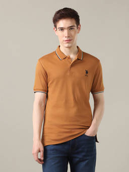 U.S. POLO ASSN. - Mustard Cotton Collar Neck Slim Fit Solid/Plain Half Sleeves Polo T-Shirt