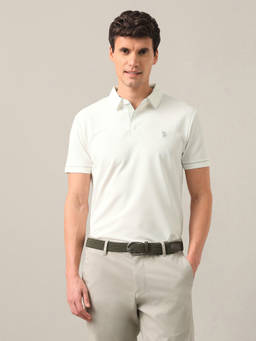 U.S. POLO ASSN. - Off White Nylon Collar Neck Slim Fit Solid/Plain Half Sleeves Polo T-Shirt
