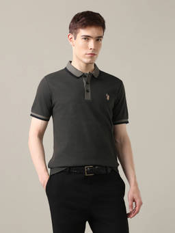 U.S. Polo Assn. Denim Co. - Grey Cotton Collar Neck Slim Fit Solid/Plain Half Sleeves Polo T-Shirt