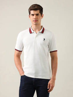 U.S. POLO ASSN. - White Cotton Collar Neck Slim Fit Solid/Plain Half Sleeves Polo T-Shirt