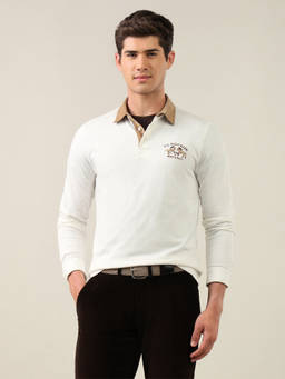 U.S. POLO ASSN. - Off White Cotton Collar Neck Slim Fit Solid/Plain Full Sleeves Polo T-Shirt