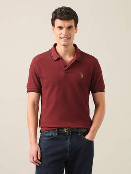 U.S. Polo Assn. Denim Co. - Rust Cotton Collar Neck Slim Fit Solid/Plain Half Sleeves Polo T-Shirt