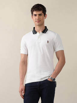 U.S. Polo Assn. Denim Co. - White Cotton Collar Neck Slim Fit Solid/Plain Polo T-Shirt