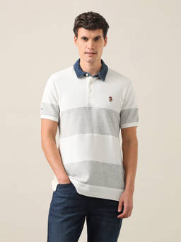 U.S. Polo Assn. Denim Co. - White Cotton Collar Neck Slim Fit Colorblock Half Sleeves Polo T-Shirt