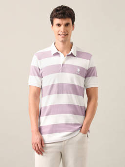 U.S. POLO ASSN. - Lavender Cotton Collar Neck Slim Fit Stripes Half Sleeves Polo T-Shirt