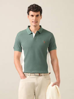 U.S. Polo Assn. Denim Co. - Green Cotton Collar Neck Slim Fit Colorblock Half Sleeves Polo T-Shirt