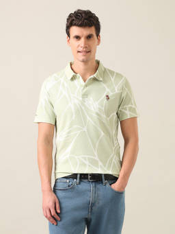 U.S. Polo Assn. Denim Co. - Green Cotton Collar Neck Slim Fit Printed Half Sleeves Polo T-Shirt