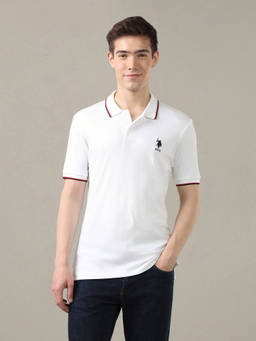 U.S. POLO ASSN. - White Cotton Collar Neck Slim Fit Solid/Plain Half Sleeves Polo T-Shirt