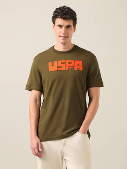 U.S. Polo Assn. Denim Co. - Olive Cotton Crew Neck Regular Fit Typography Half Sleeves T-Shirt