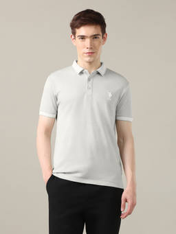 U.S. Polo Assn. Denim Co. - Grey Cotton Collar Neck Slim Fit Solid/Plain Half Sleeves Polo T-Shirt