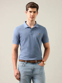 U.S. Polo Assn. Denim Co. - Blue Cotton Collar Neck Slim Fit Solid/Plain Half Sleeves Polo T-Shirt