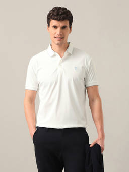 U.S. POLO ASSN. - White Nylon Collar Neck Slim Fit Solid/Plain Half Sleeves Polo T-Shirt