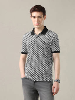 U.S. Polo Assn. Denim Co. - Grey Cotton Collar Neck Slim Fit Printed Half Sleeves Polo T-Shirt