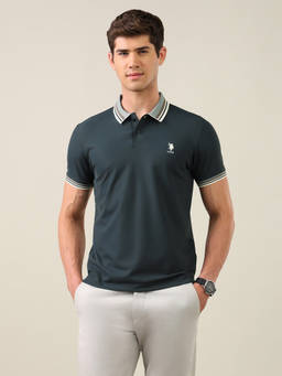 U.S. POLO ASSN. - Blue Nylon Collar Neck Slim Fit Solid/Plain Half Sleeves Polo T-Shirt