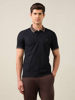 U.S. POLO ASSN. - Black Nylon Collar Neck Slim Fit Solid/Plain Half Sleeves Polo T-Shirt