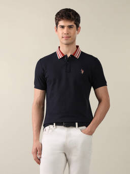 U.S. Polo Assn. Denim Co. - Navy Blue Cotton Collar Neck Slim Fit Solid/Plain Polo T-Shirt