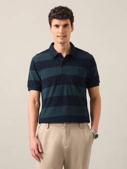 U.S. POLO ASSN. - Blue Cotton Collar Neck Slim Fit Stripes Half Sleeves Polo T-Shirt