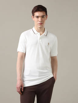U.S. POLO ASSN. - Off White Cotton Collar Neck Slim Fit Textured Half Sleeves Polo T-Shirt