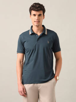 U.S. POLO ASSN. - Teal Nylon Collar Neck Slim Fit Solid/Plain Half Sleeves Polo T-Shirt
