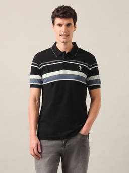 U.S. POLO ASSN. - Black Cotton Collar Neck Slim Fit Stripes Half Sleeves Polo T-Shirt