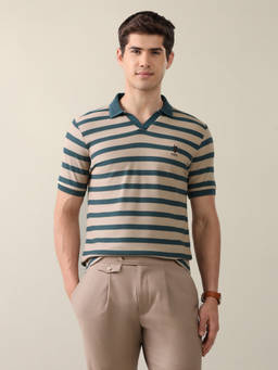 U.S. POLO ASSN. - Beige Cotton Collar Neck Slim Fit Stripes Half Sleeves Polo T-Shirt