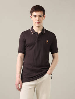 U.S. POLO ASSN. - Brown Cotton Collar Neck Slim Fit Textured Half Sleeves Polo T-Shirt