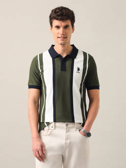 U.S. POLO ASSN. - Olive Cotton Collar Neck Slim Fit Colorblock Half Sleeves Polo T-Shirt
