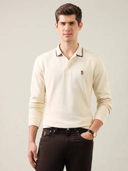 U.S. Polo Assn. Denim Co. - Ivory Cotton Collar Neck Slim Fit Solid/Plain Polo T-Shirt