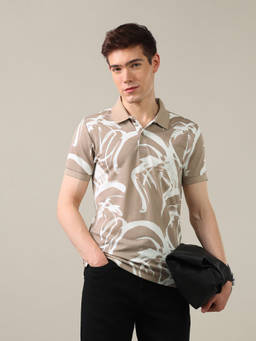 U.S. Polo Assn. Denim Co. - Beige Cotton Collar Neck Slim Fit Printed Half Sleeves Polo T-Shirt