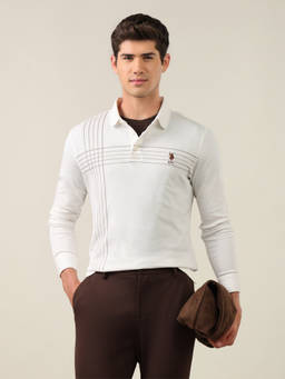U.S. POLO ASSN. - Off White Cotton Collar Neck Slim Fit Stripes Full Sleeves Polo T-Shirt