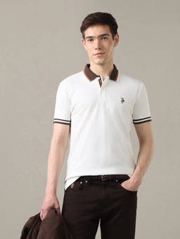 U.S. Polo Assn. Denim Co. - White Cotton Collar Neck Slim Fit Solid/Plain Polo T-Shirt