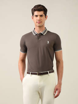 U.S. POLO ASSN. - Brown Nylon Collar Neck Slim Fit Solid/Plain Half Sleeves Polo T-Shirt