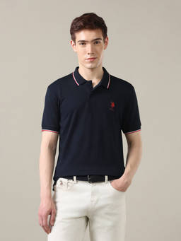 U.S. POLO ASSN. - Navy Blue Cotton Collar Neck Slim Fit Solid/Plain Half Sleeves Polo T-Shirt