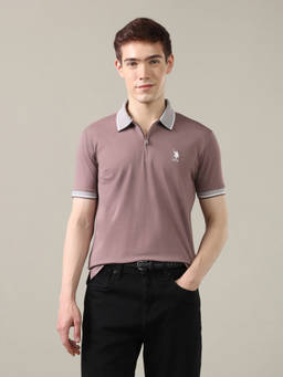 U.S. Polo Assn. Denim Co. - Mauve Rayon Collar Neck Slim Fit Solid/Plain Half Sleeves Polo T-Shirt