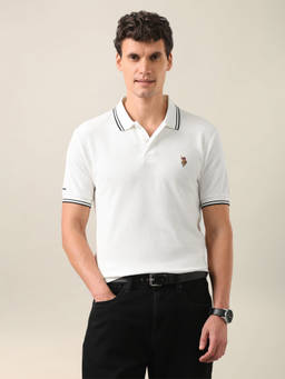 U.S. Polo Assn. Denim Co. - White Cotton Collar Neck Slim Fit Solid/Plain Polo T-Shirt