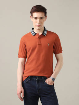 U.S. Polo Assn. Denim Co. - Rust Cotton Collar Neck Slim Fit Solid/Plain Half Sleeves Polo T-Shirt