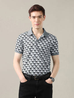 U.S. Polo Assn. Denim Co. - Grey Cotton Collar Neck Slim Fit Geometric Half Sleeves Polo T-Shirt