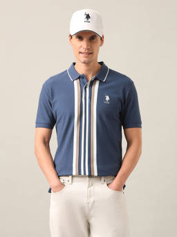 U.S. POLO ASSN. - Blue Cotton Collar Neck Slim Fit Stripes Half Sleeves Polo T-Shirt