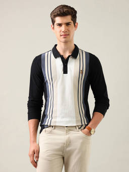 U.S. Polo Assn. Denim Co. - Black Cotton Collar Neck Slim Fit Stripes Full Sleeves Polo T-Shirt