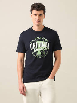 U.S. Polo Assn. Denim Co. - Navy Blue Cotton Crew Neck Regular Fit Printed Half Sleeves T-Shirt
