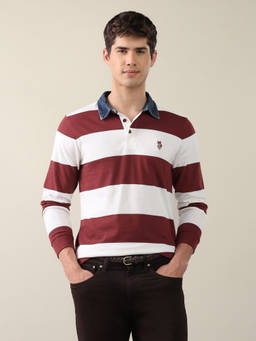 U.S. Polo Assn. Denim Co. - Rust Cotton Collar Neck Slim Fit Colorblock Full Sleeves Polo T-Shirt