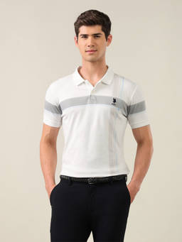 U.S. POLO ASSN. - Off White Cotton Collar Neck Slim Fit Stripes Half Sleeves Polo T-Shirt