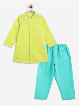 Campana - Boys Lime & Turquoise Block Print Mrinal Kurta and Pyjama (Set of 2)