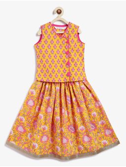 Campana - Girls Papiha Yellow & Pink Floral Print Lehenga and Choli (Set of 2)