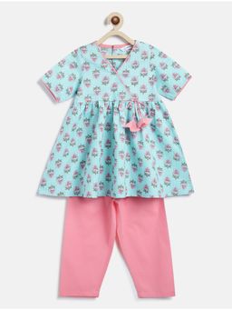 Campana - Girls Nihira Floral Blockprint Blue & Pink Kurta with Pant (Set of 2)